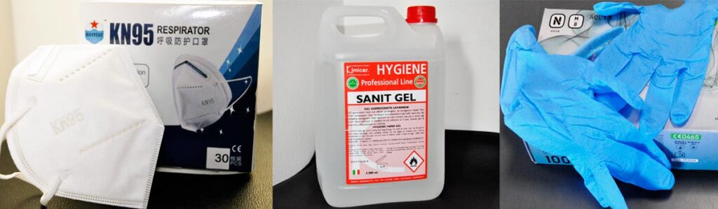 Immagine complessiva di prodotti per la sanificazione, mascherina FFP2, flacone industriale da 5 litri igienizzante, guanti in plastica blu